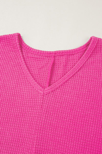 Waffle Knit Side Slits Loose Fit V Neck Top | Rose Red