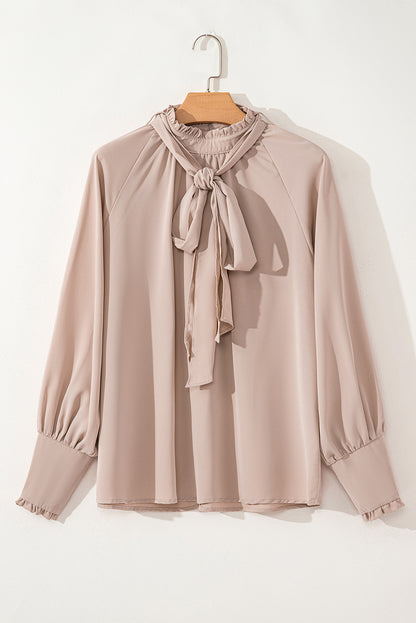 Frilled Knotted Mock Neck Bishop Sleeve Blouse | Khaki