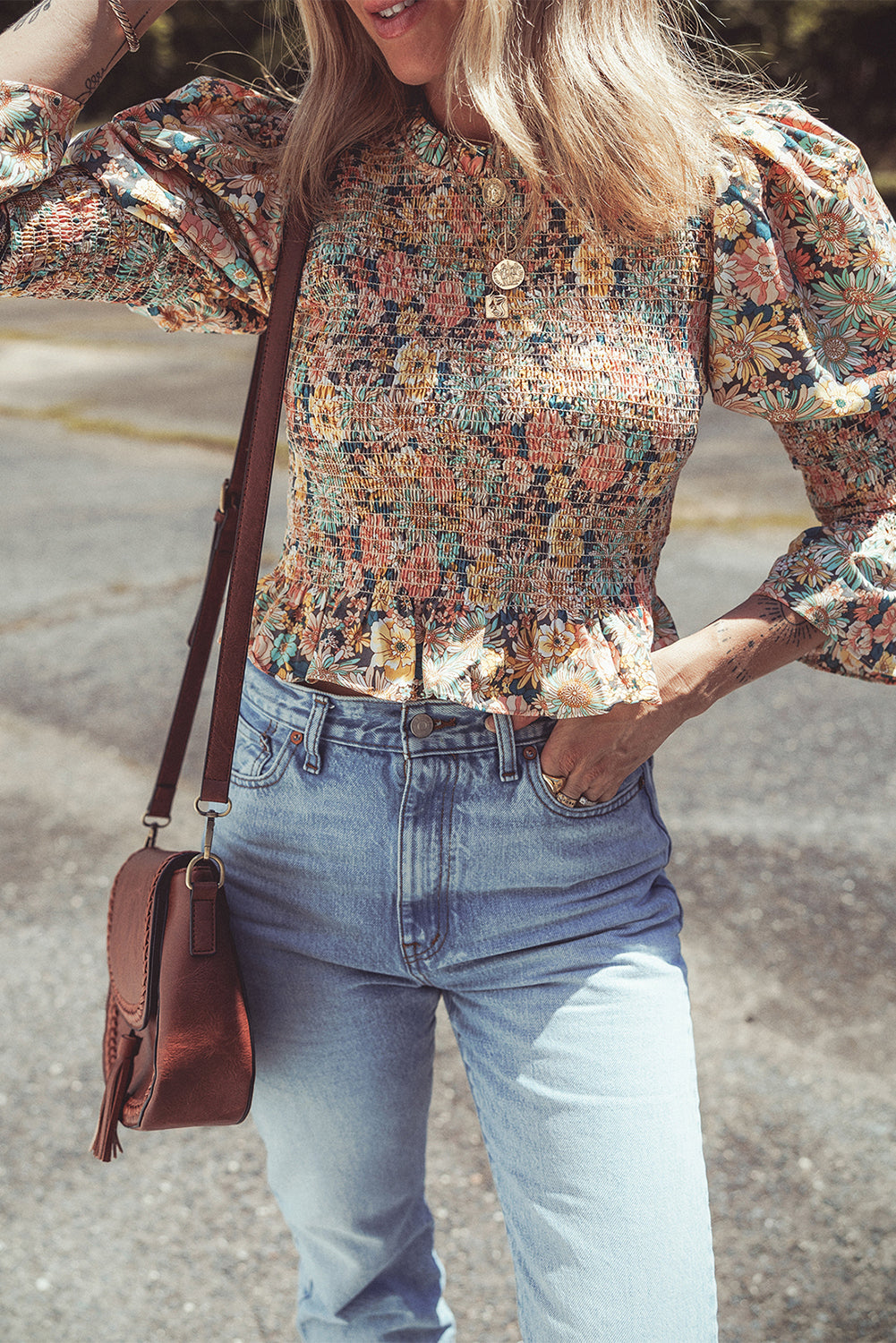 Floral Print Smocked Bubble Sleeve Ruffled Crop Top | Yellow