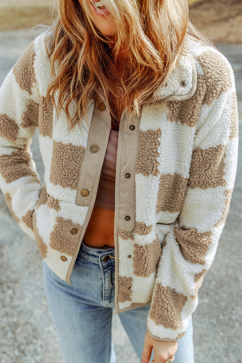 Checked Snap Button Sherpa Jacket | Brown