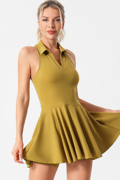 V Neck Sleeveless Active Pleated Dress | Mustard