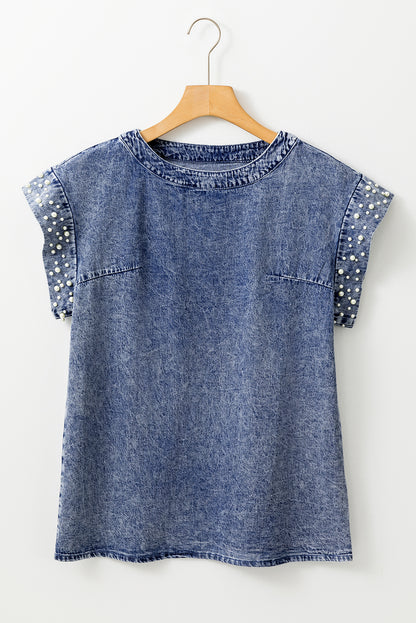 Acid Wash Pearl Embellishments O-Neck Denim Top | Dusk Blue