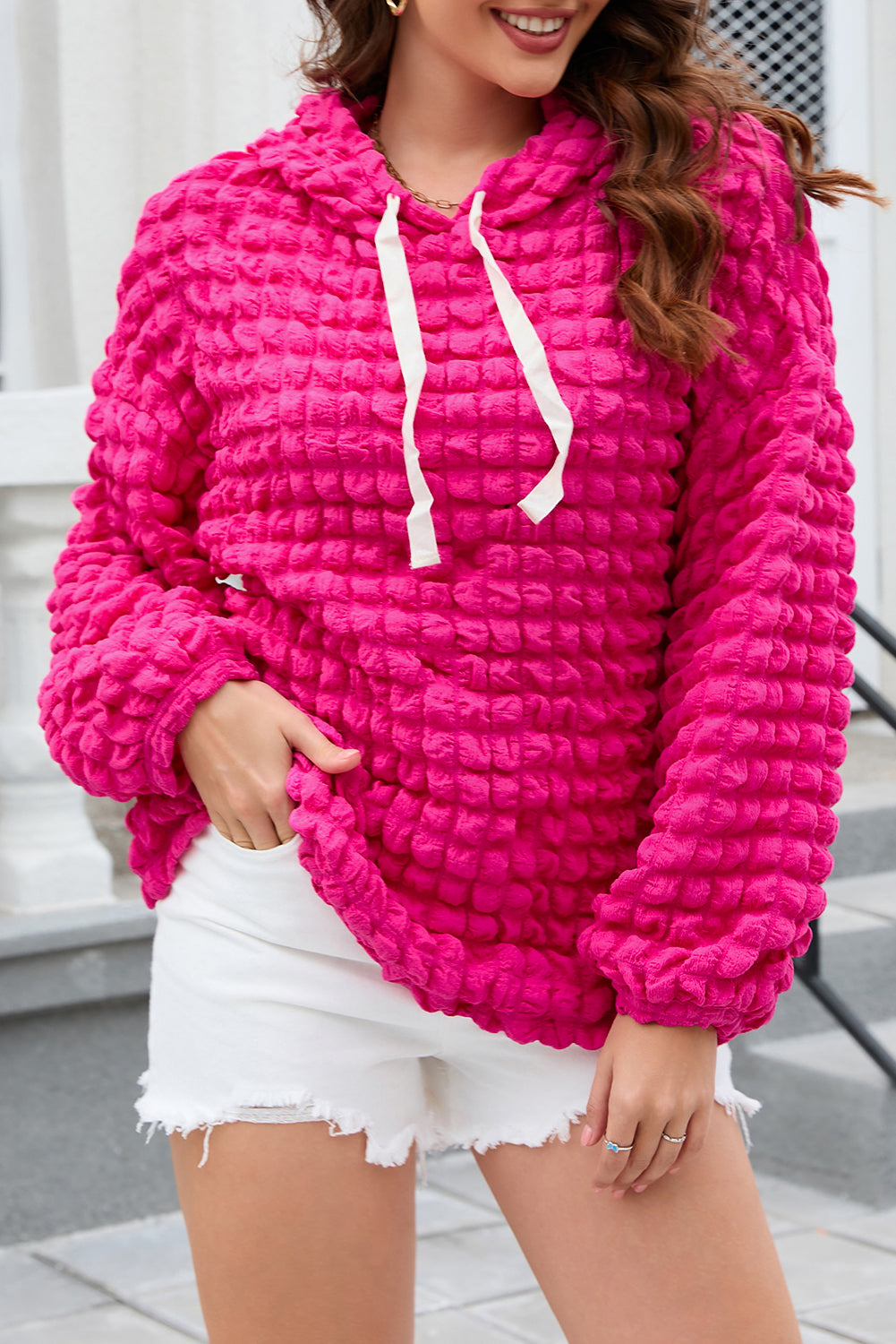 Bubble Textured Waffle Hoodie | Rose