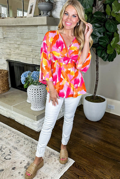 Abstract Print 3/4 Sleeve V Neck Ruffled Babydoll Blouse | Orange