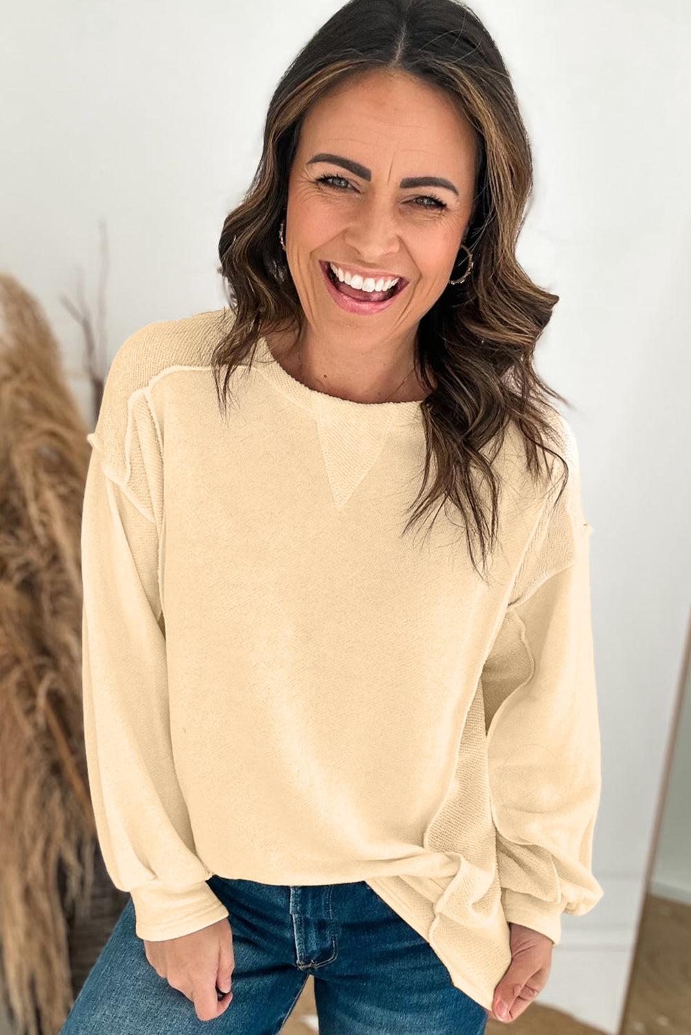 Splicing Round Neck Pullover Sweatshirt | Beige