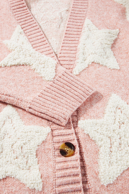 Sherpa Star Pattern Textured Sweater Cardigan With Pockets | Pink