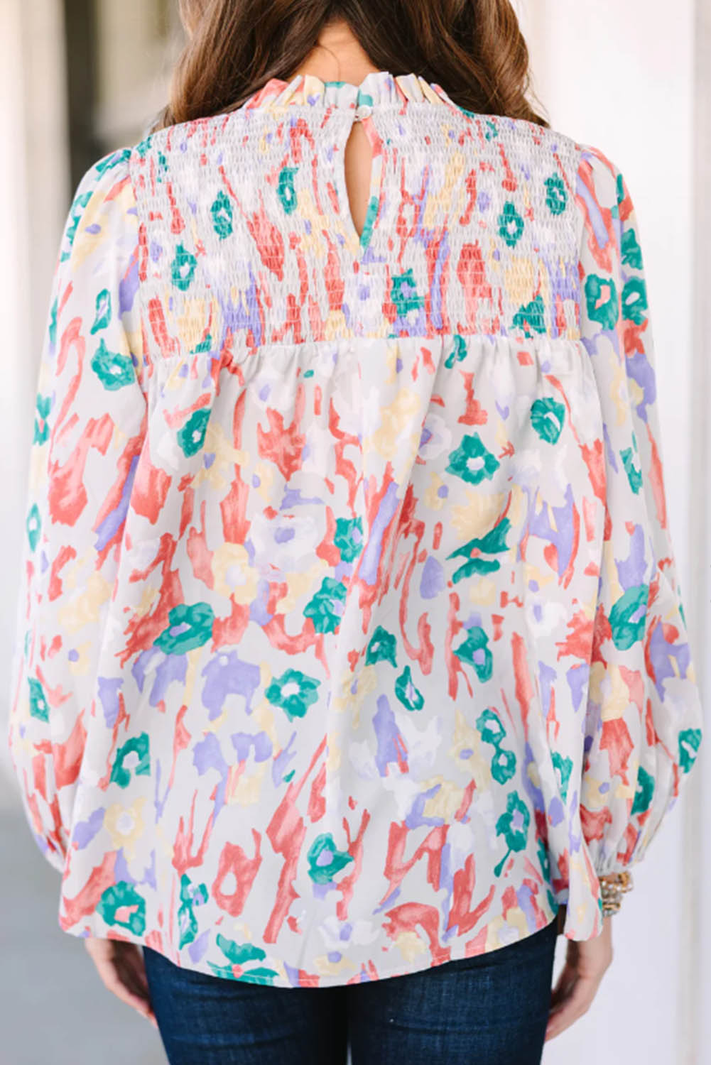 Printed Frilled Neck Smocked Loose Blouse | Multicolour