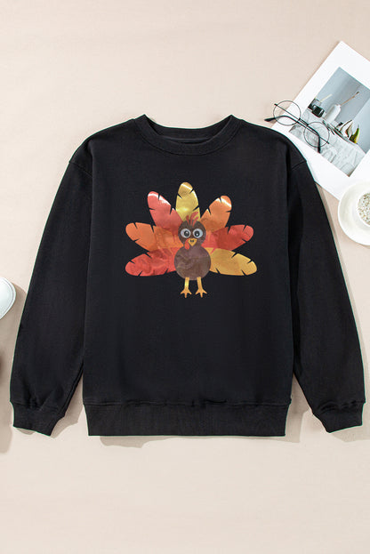 Leafy Turkey Graphic Crewneck Thanksgiving Sweatshirt | Black