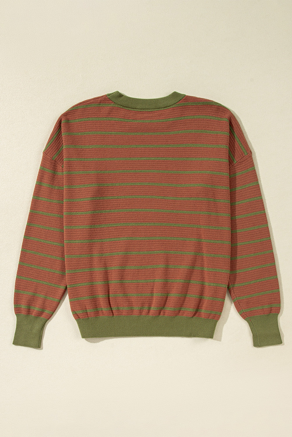 Trimmed Round Neck Drop Shoulder Loose Sweater | Brown Stripe