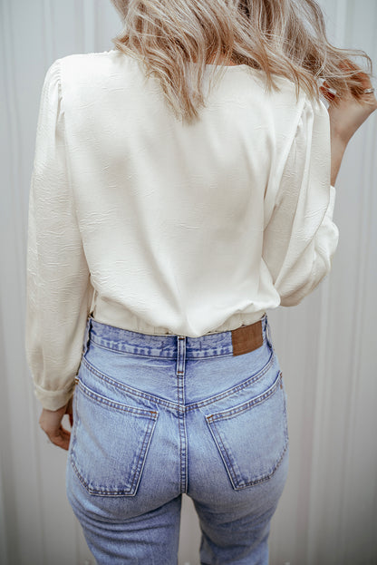 Twisted Elastic Hem V Neck Crop Blouse | White