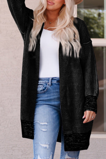 Plaid Knitted Long Open Front Cardigan | Black