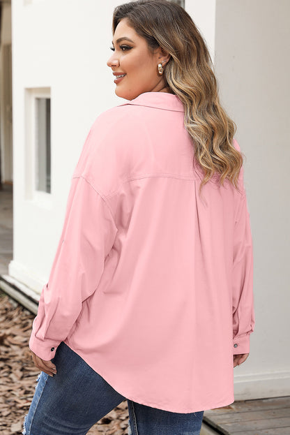 Flap Pocket Tab Sleeve Button-Down Plus Size Shirt | Pink