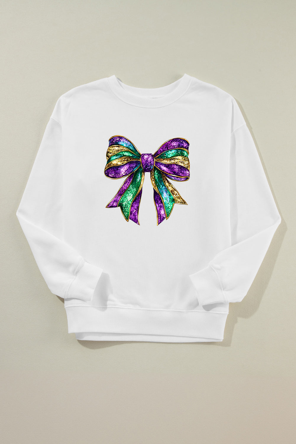 Mardi Gras Bow Graphic Drop Shoulder Sweatshirt | White