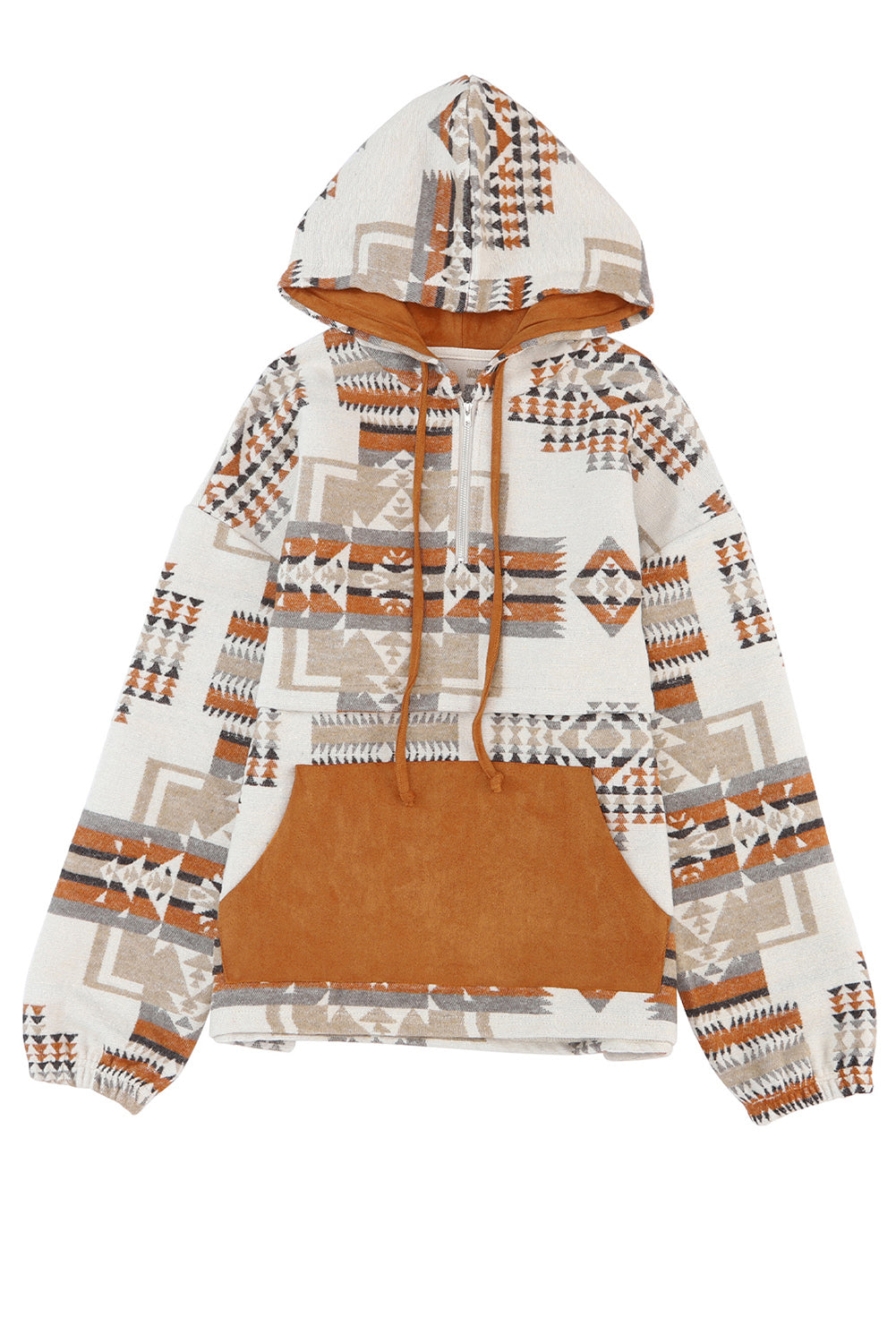 Aztec Print Kangaroo Pocket Half-Zip Hoodie | Beige