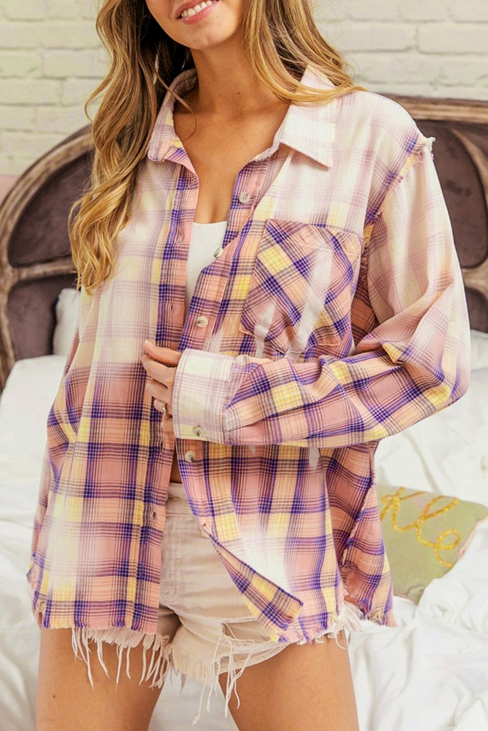 Bleached Plaid Print Exposed Seam Shirt | Purple