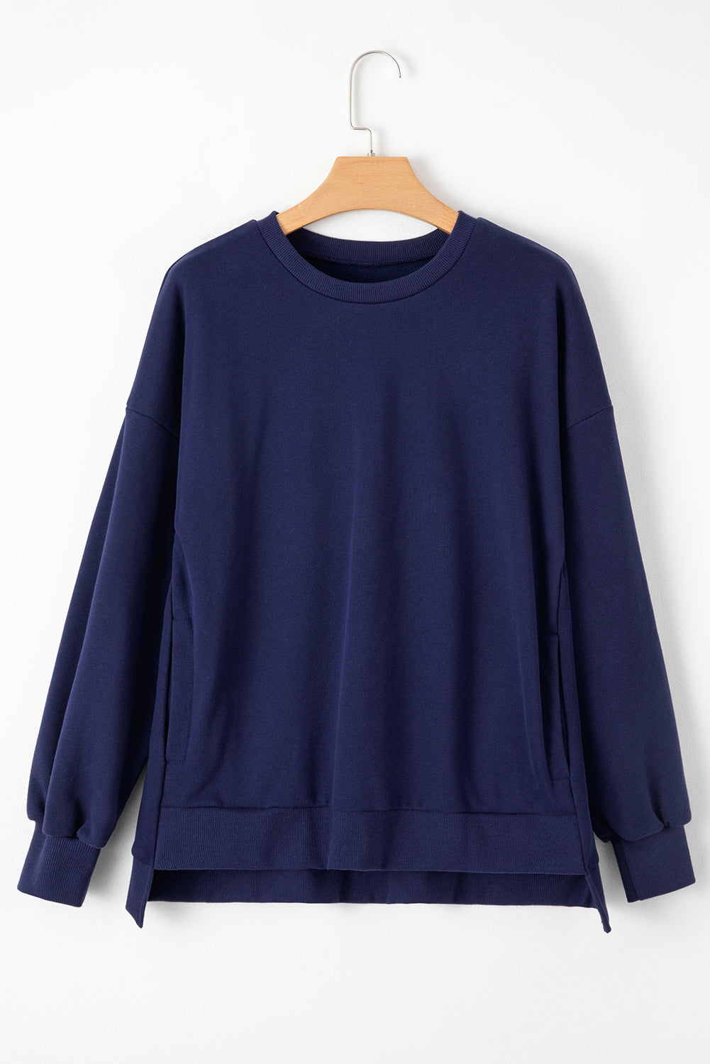 Solid Fleece Lined Drop Shoulder High Low Sweatshirt | Navy Blue