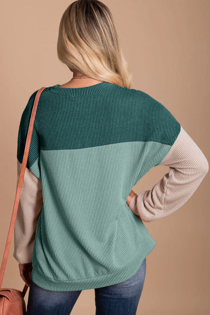 Colour Block Long Sleeve Ribbed Loose Top | Green