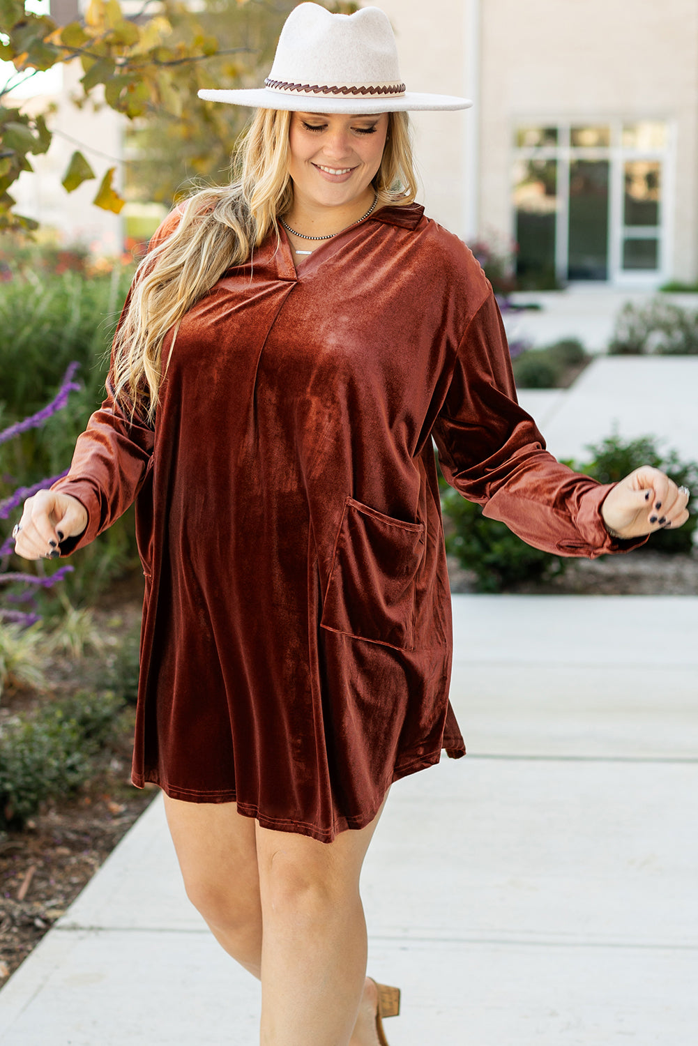 Plus Size V Neck Collared Pleated Back Rounded Hem Velvet Dress | Coffee