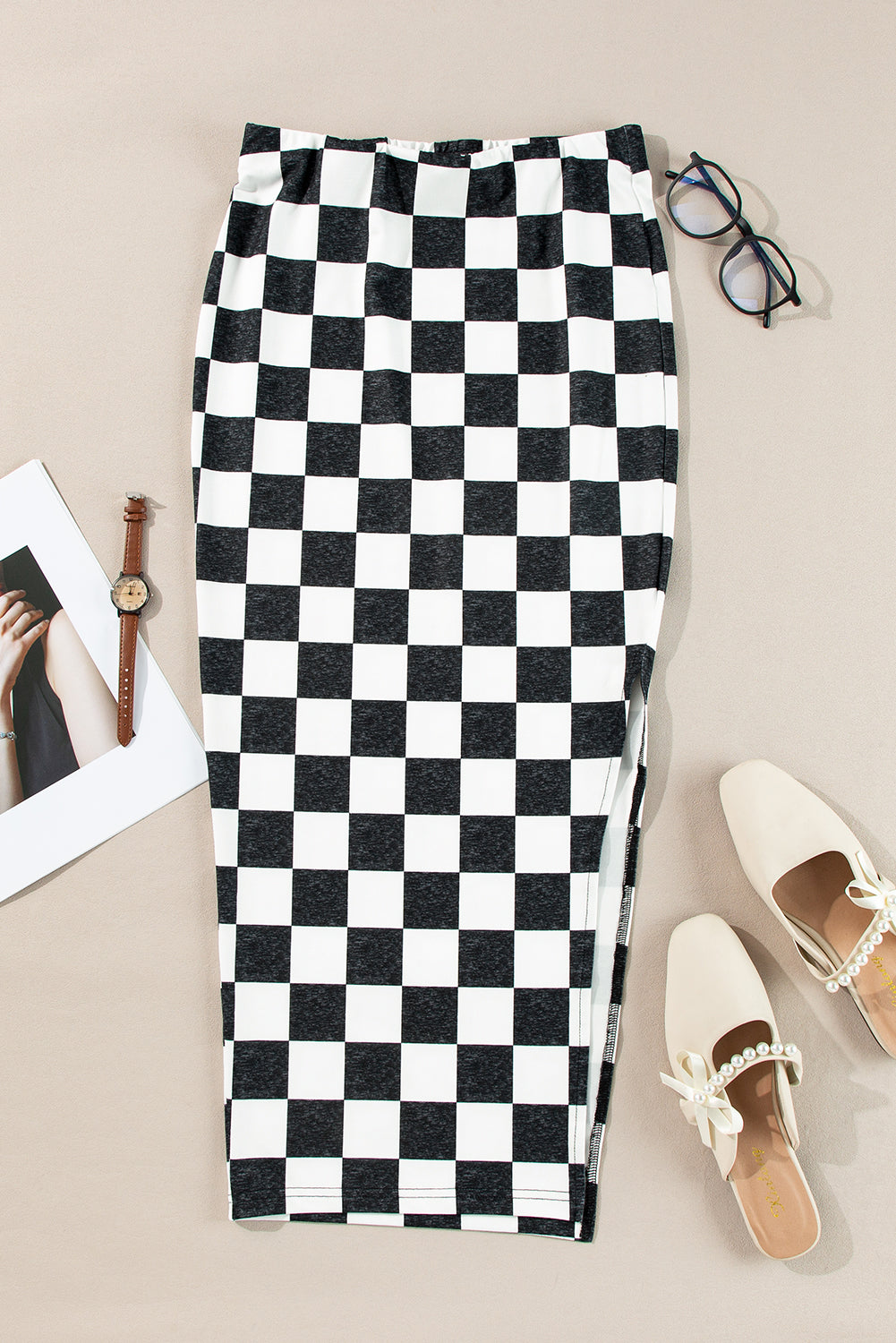 Checkered Print Side Slit High Waist Midi Skirt | White