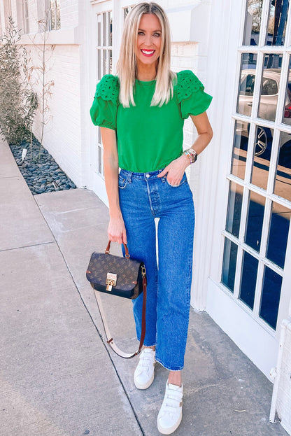 Anglaise Embroidered Puff Short Sleeve Top | Bright Green