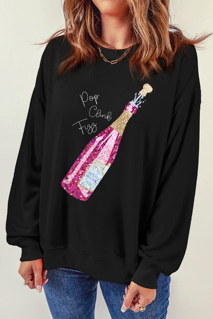 New Year Champagne Print Pullover Sweatshirt | Black