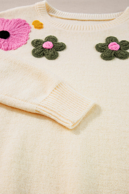 Knitted Flower Pattern Ribbed Edge Sweater | Beige