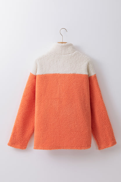 Colourblock Half Zipper Stand Neck Sherpa Sweatshirt | Orange