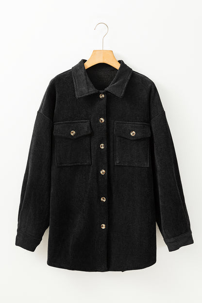 Corduroy Flap Pocket Button Up Shacket | Black