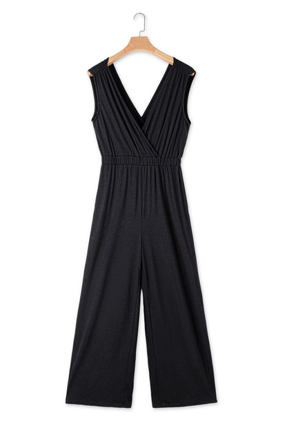 Deep V Pleated Crisscross Wide Leg Backless Jumpsuit | Black