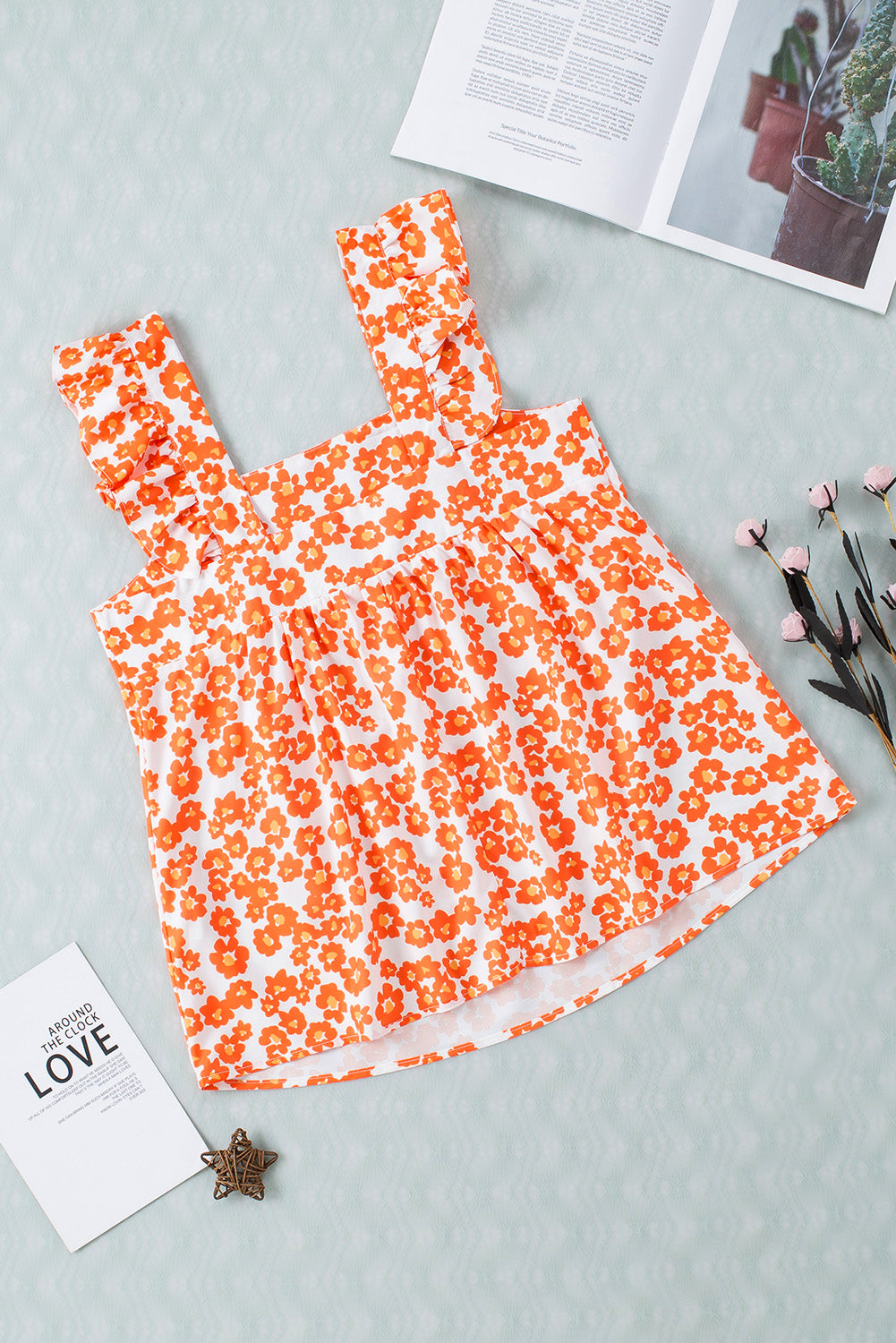 Floral Print Square Neck Ruffle Tank Top | Orange