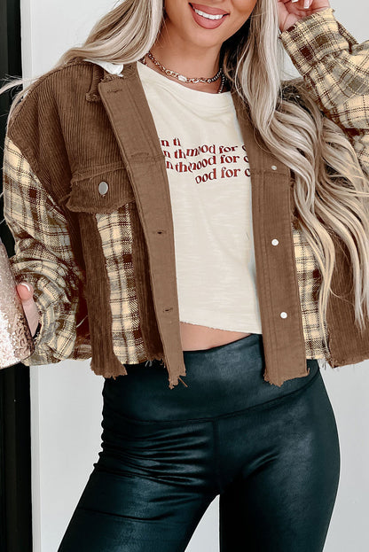 Brown Plaid Patchwork Distressed Hooded Cropped Jacket