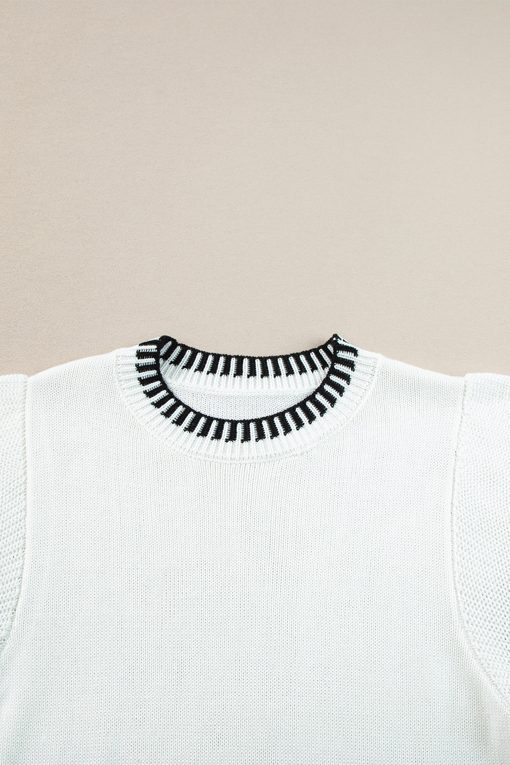 Contrast Trim Round Neck Batwing Sleeve Knitted Top | White