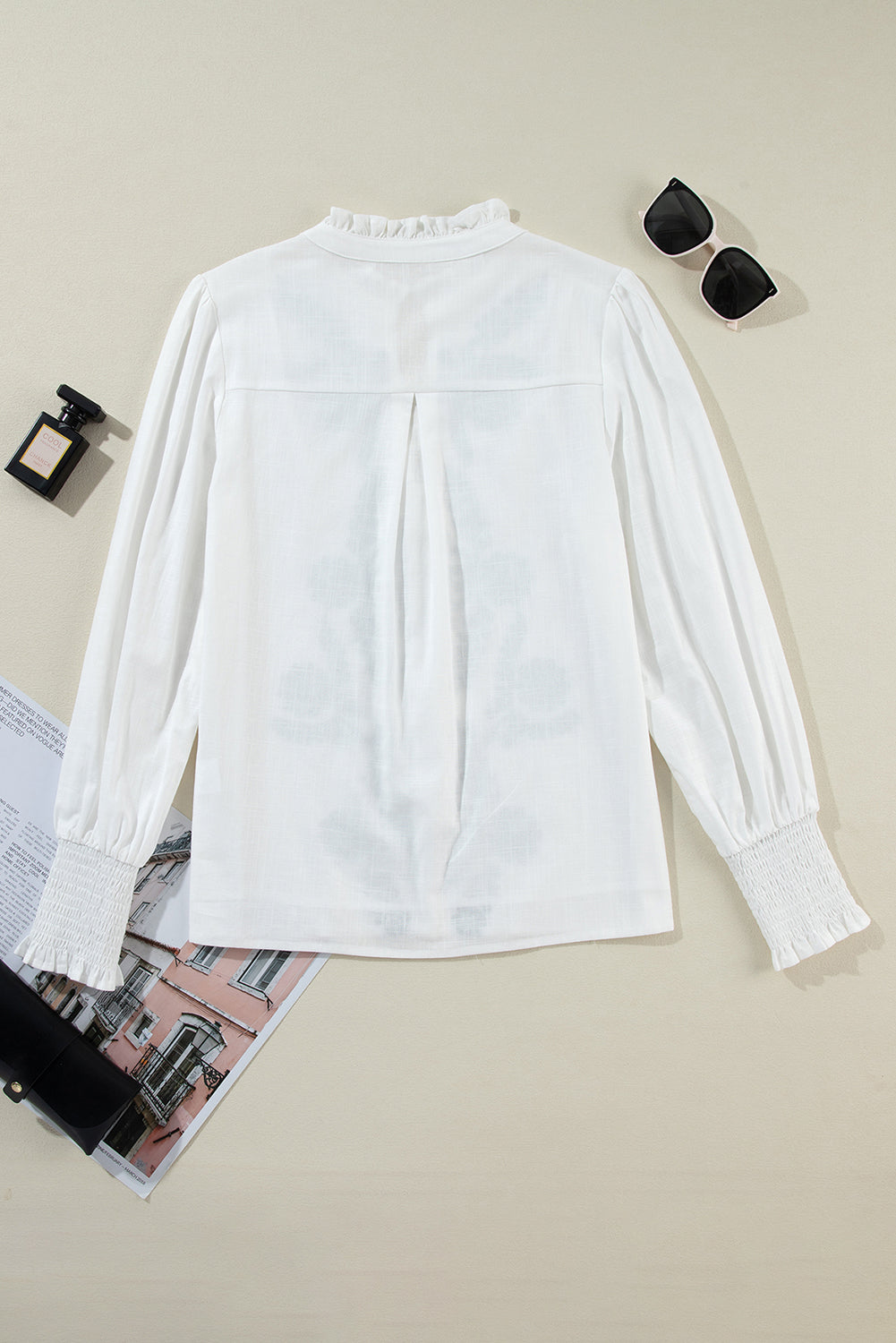 Floral Embroidered Shirred Sleeve Elegant Shirt | White