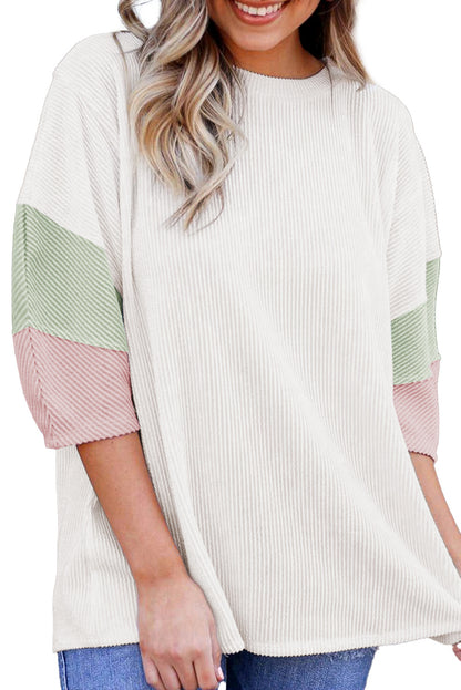 Colour Block Ribbed Knit Quarter Sleeve Top | White