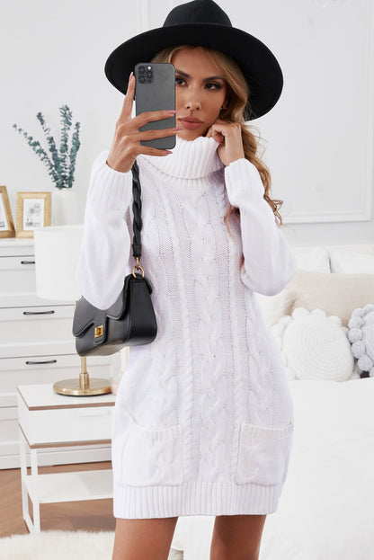 Cowl Neck Cable Knit Sweater Dress | White