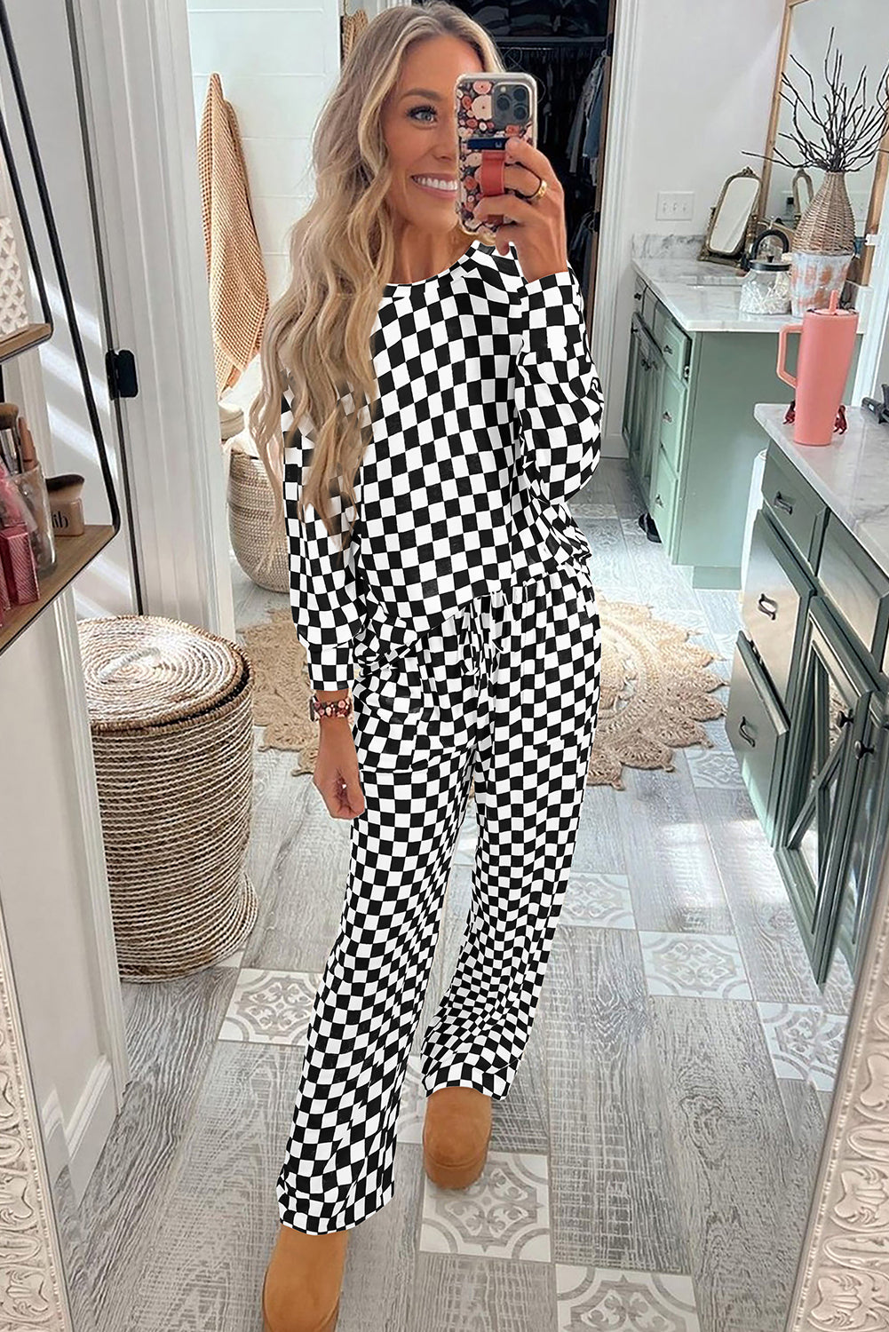 Checkered Print Long Sleeve Top And Pants Lounge Set | Black