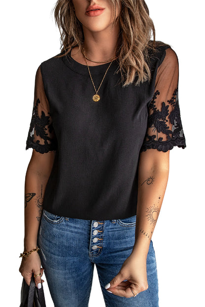 Floral Lace Sleeve Patchwork Top | Black