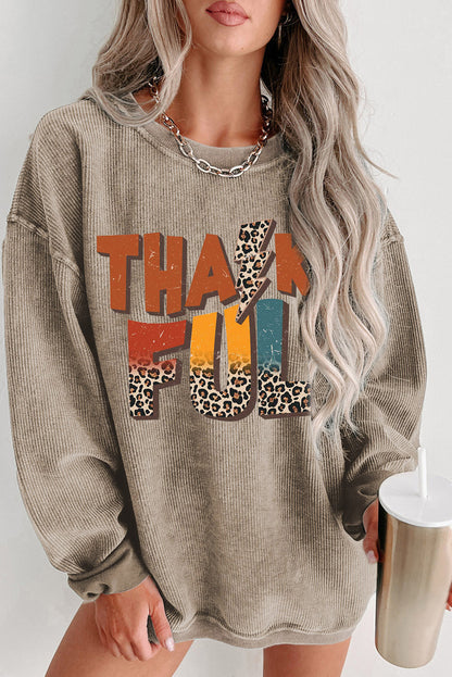 Khaki Leopard THANKFUL Graphic Corded Thanksgiving Sweatshirt