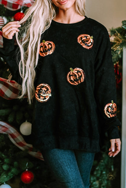 Sequined Jack O Lantern Split Hem Baggy Sweatshirt | Black