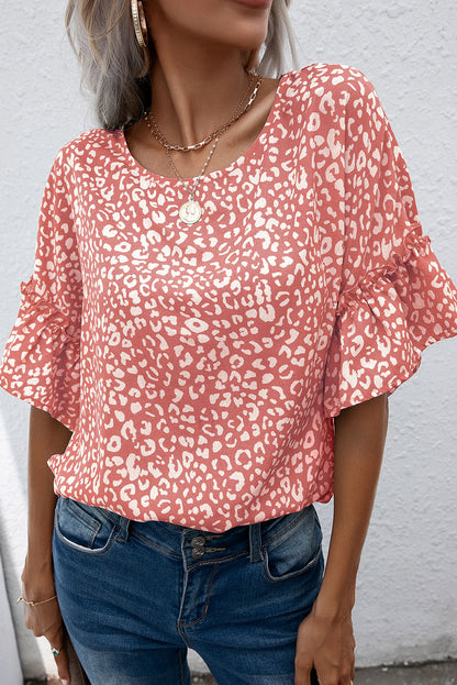 Leopard Spotted Ruffle Sleeve T-Shirt | Pink