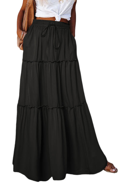 Frill Tiered Drawstring Waist Maxi Skirt | Black