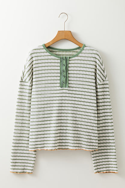 Textured Frilly Trim Buttons Henley Long Sleeve Top | Green Stripe