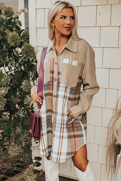 Plaid Patchwork Long Sleeve Shirt Mini Dress | Khaki