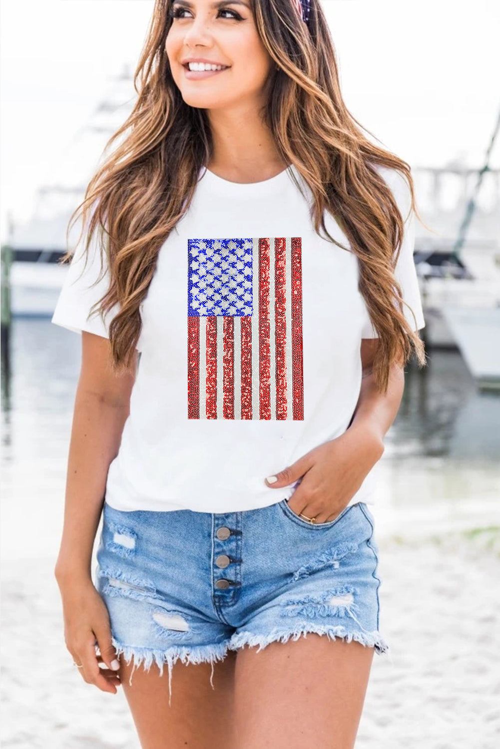 Shimmery Flag Graphic Tee | White