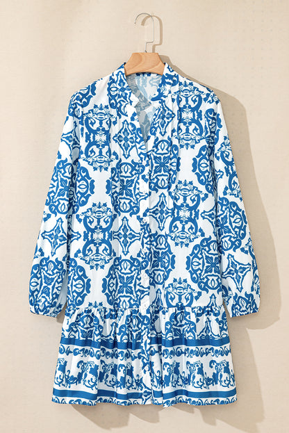 Tribal Print Button Up Notch Neck Loose Mini Dress | Sky Blue