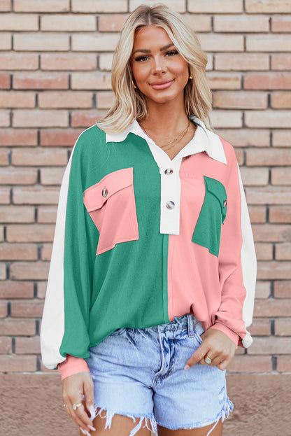 Colourblock Ribbed Collared Oversized Sweatshirt | Pink