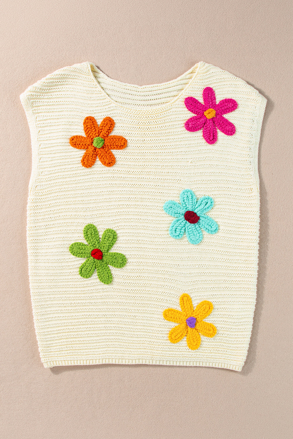 Flower Crochet Round Neck Knitted Top | White