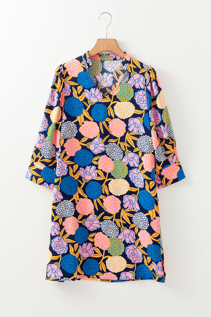 Hydrangea Floral Print Bishop Sleeve V Neck Shift Dress | Navy Blue