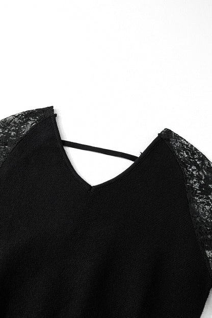 V-Neck Lace Sleeve Pullover Sweater | Black