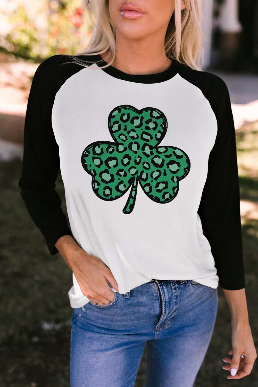 Leopard Spotted Clover St Patrick Graphic Long Sleeve Tee | Black